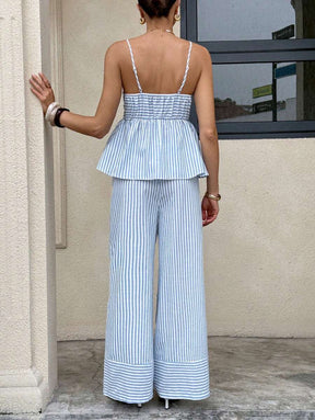 Siren Gaze Conjunto 2 Peças Conjunto de Roupas Femininas Verão Listrado Azul e Branco Alças Vestido A-Line Alças Colete Costura Calça Pantalona Terno de 2 Peças 2 peças/Conjunto Top Regata Babado Barra e Shorts Feminino Listrado, Verão