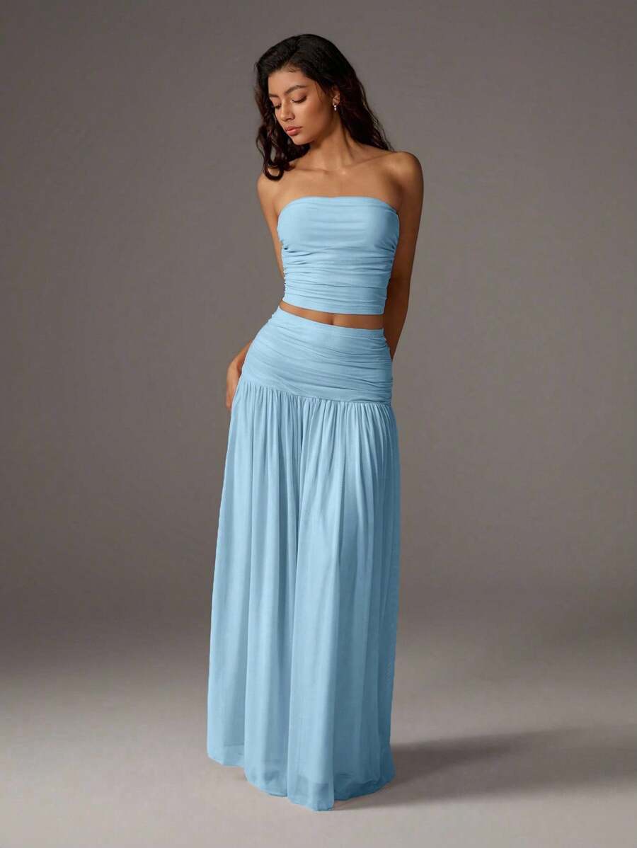 TRNVIE 2 peças Conjunto Feminino, Top Bandeau Rosa Romântico em Tela e Saia Plissada Longa em Tela de Cintura Alta, Conjunto de Férias Primavera/Verão