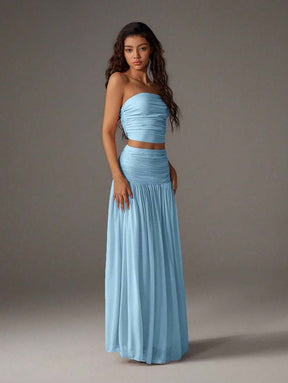 TRNVIE 2 peças Conjunto Feminino, Top Bandeau Rosa Romântico em Tela e Saia Plissada Longa em Tela de Cintura Alta, Conjunto de Férias Primavera/Verão