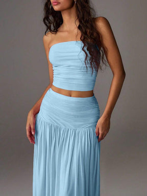 TRNVIE 2 peças Conjunto Feminino, Top Bandeau Rosa Romântico em Tela e Saia Plissada Longa em Tela de Cintura Alta, Conjunto de Férias Primavera/Verão