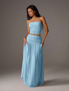 TRNVIE 2 peças Conjunto Feminino, Top Bandeau Rosa Romântico em Tela e Saia Plissada Longa em Tela de Cintura Alta, Conjunto de Férias Primavera/Verão