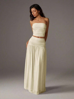 TRNVIE 2 peças Conjunto Feminino, Top Bandeau Rosa Romântico em Tela e Saia Plissada Longa em Tela de Cintura Alta, Conjunto de Férias Primavera/Verão