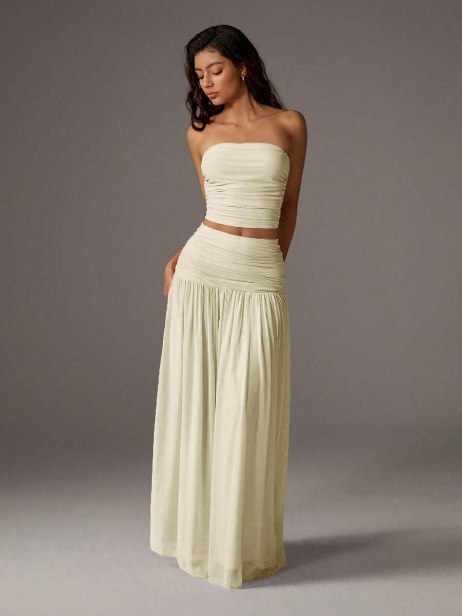 TRNVIE 2 peças Conjunto Feminino, Top Bandeau Rosa Romântico em Tela e Saia Plissada Longa em Tela de Cintura Alta, Conjunto de Férias Primavera/Verão