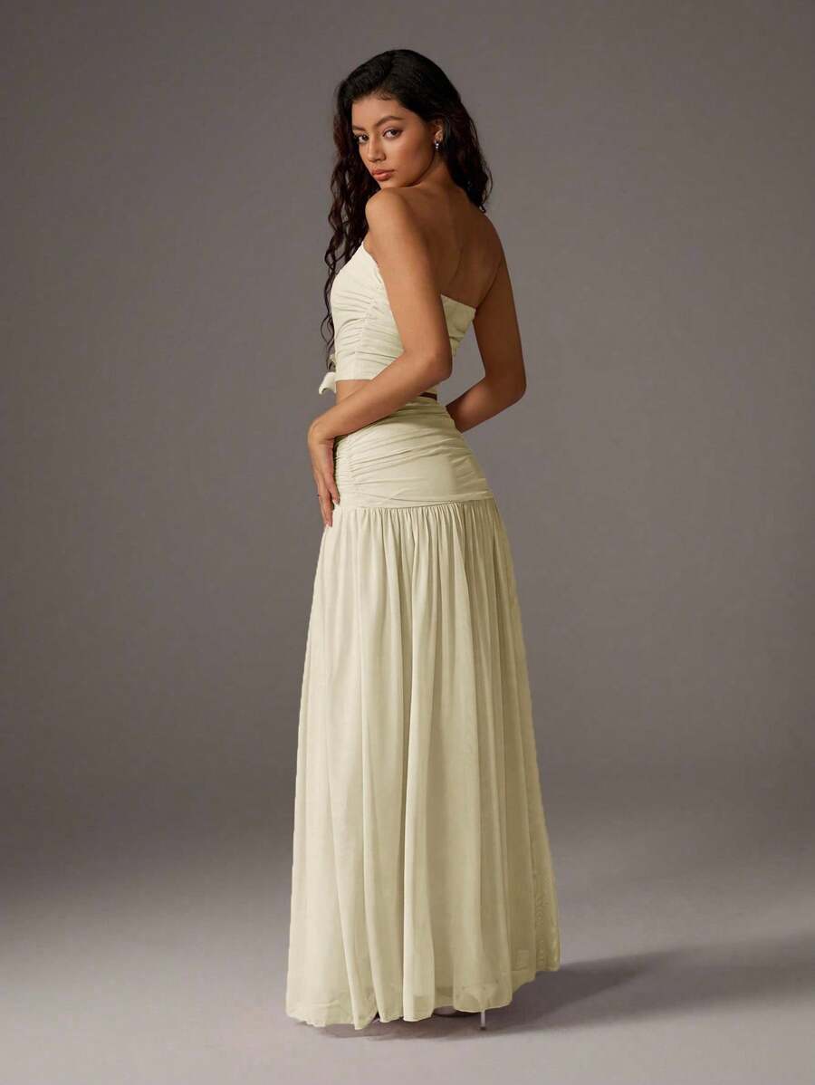 TRNVIE 2 peças Conjunto Feminino, Top Bandeau Rosa Romântico em Tela e Saia Plissada Longa em Tela de Cintura Alta, Conjunto de Férias Primavera/Verão