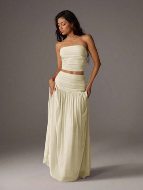 TRNVIE 2 peças Conjunto Feminino, Top Bandeau Rosa Romântico em Tela e Saia Plissada Longa em Tela de Cintura Alta, Conjunto de Férias Primavera/Verão