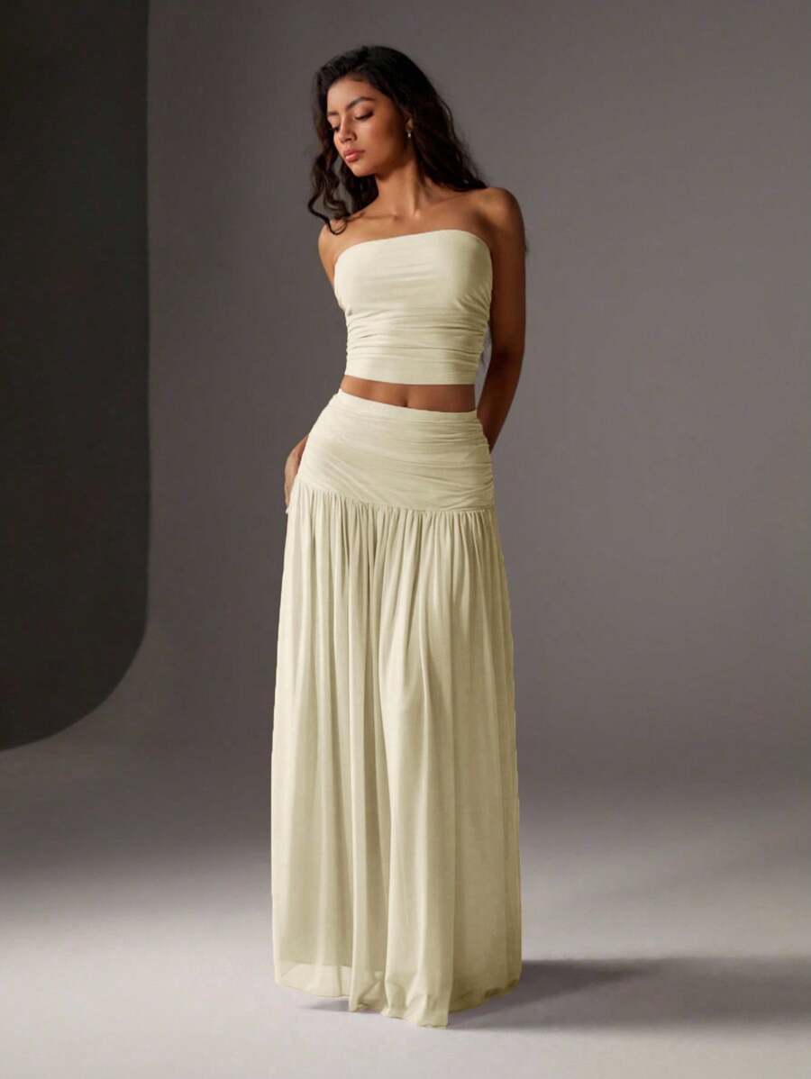 TRNVIE 2 peças Conjunto Feminino, Top Bandeau Rosa Romântico em Tela e Saia Plissada Longa em Tela de Cintura Alta, Conjunto de Férias Primavera/Verão