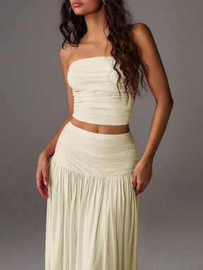 TRNVIE 2 peças Conjunto Feminino, Top Bandeau Rosa Romântico em Tela e Saia Plissada Longa em Tela de Cintura Alta, Conjunto de Férias Primavera/Verão