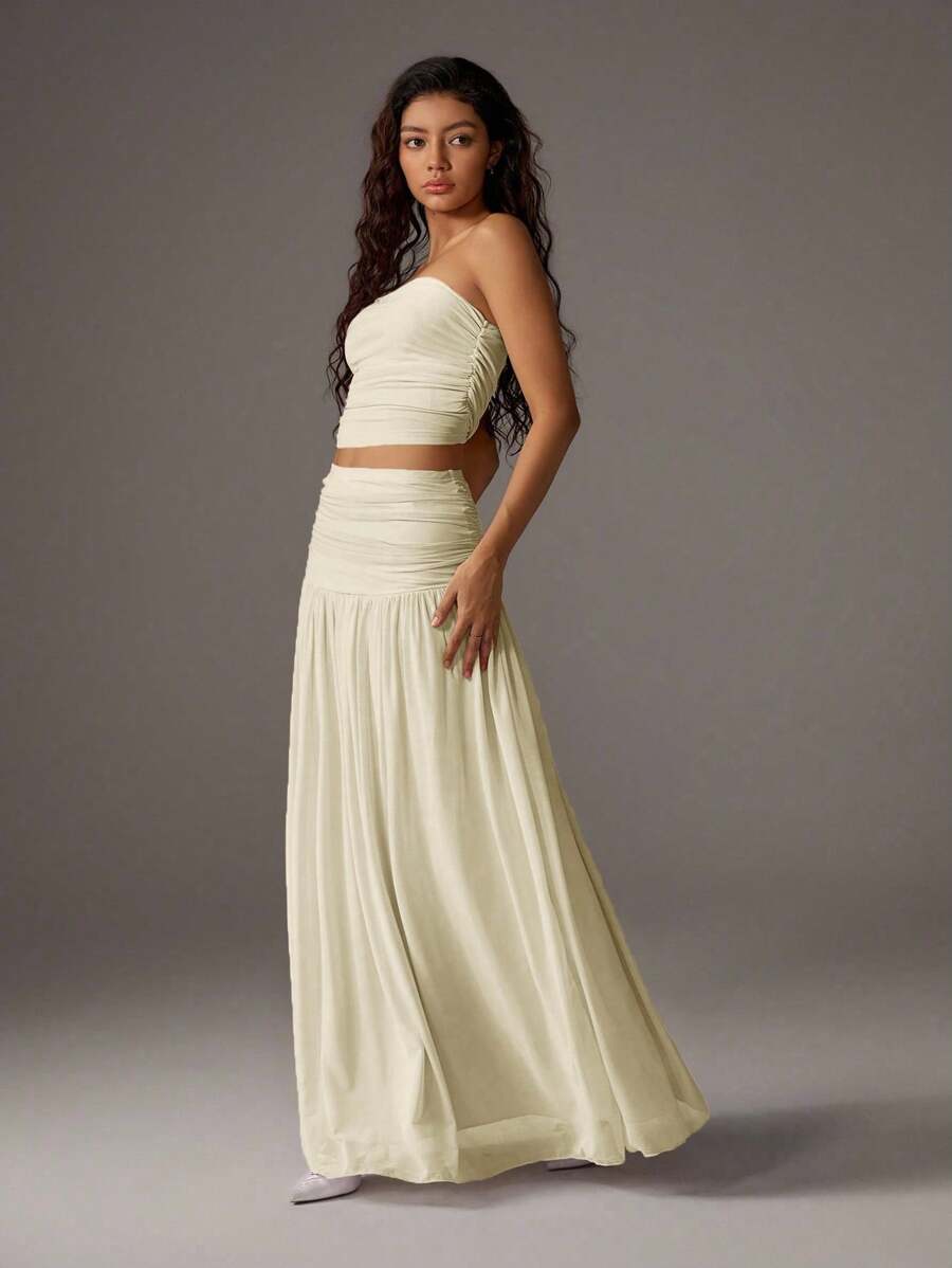 TRNVIE 2 peças Conjunto Feminino, Top Bandeau Rosa Romântico em Tela e Saia Plissada Longa em Tela de Cintura Alta, Conjunto de Férias Primavera/Verão