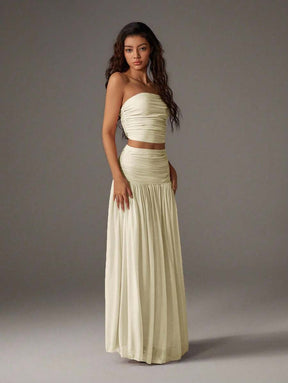 TRNVIE 2 peças Conjunto Feminino, Top Bandeau Rosa Romântico em Tela e Saia Plissada Longa em Tela de Cintura Alta, Conjunto de Férias Primavera/Verão