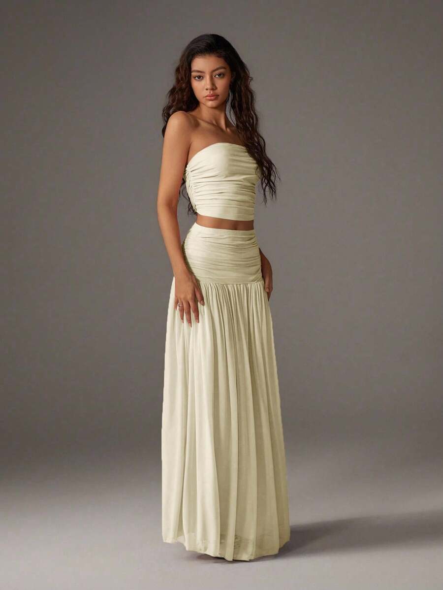TRNVIE 2 peças Conjunto Feminino, Top Bandeau Rosa Romântico em Tela e Saia Plissada Longa em Tela de Cintura Alta, Conjunto de Férias Primavera/Verão