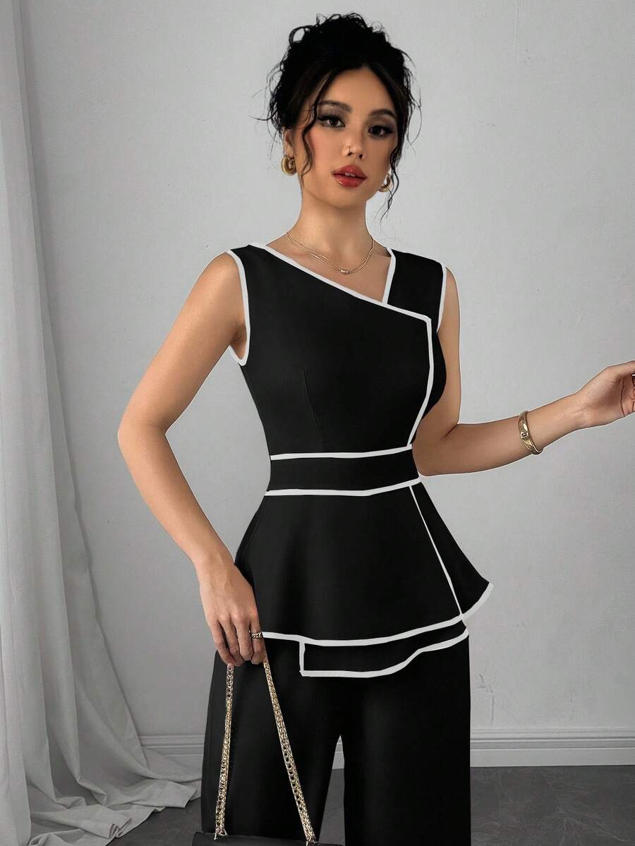 Modelyn Macacão Feminino com Recorte Contrastante e Barra Assimétrica sem Manga