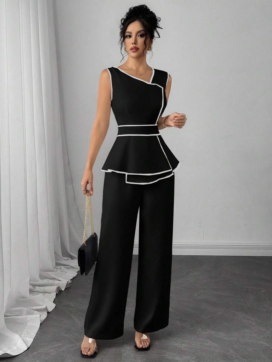 Modelyn Macacão Feminino com Recorte Contrastante e Barra Assimétrica sem Manga