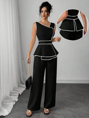 Modelyn Macacão Feminino com Recorte Contrastante e Barra Assimétrica sem Manga