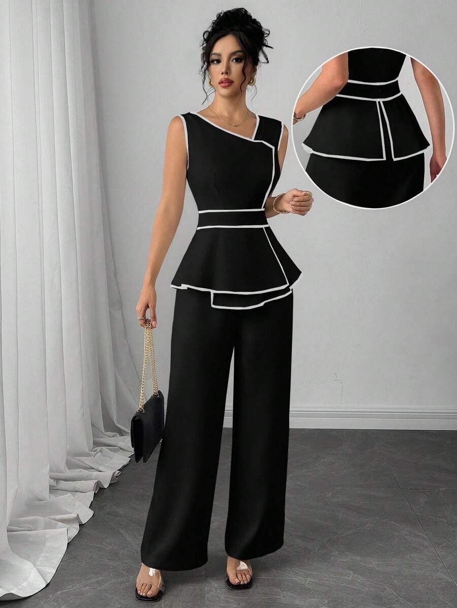 Modelyn Macacão Feminino com Recorte Contrastante e Barra Assimétrica sem Manga