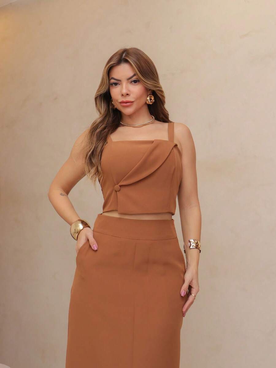 YING ZI Conjunto Social Alfaiataria Cropped Alça E Saia Midi Reta Fenda Na Barra