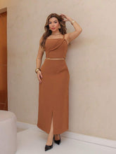 YING ZI Conjunto Social Alfaiataria Cropped Alça E Saia Midi Reta Fenda Na Barra