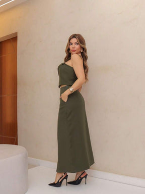 YING ZI Conjunto Social Alfaiataria Cropped Alça E Saia Midi Reta Fenda Na Barra
