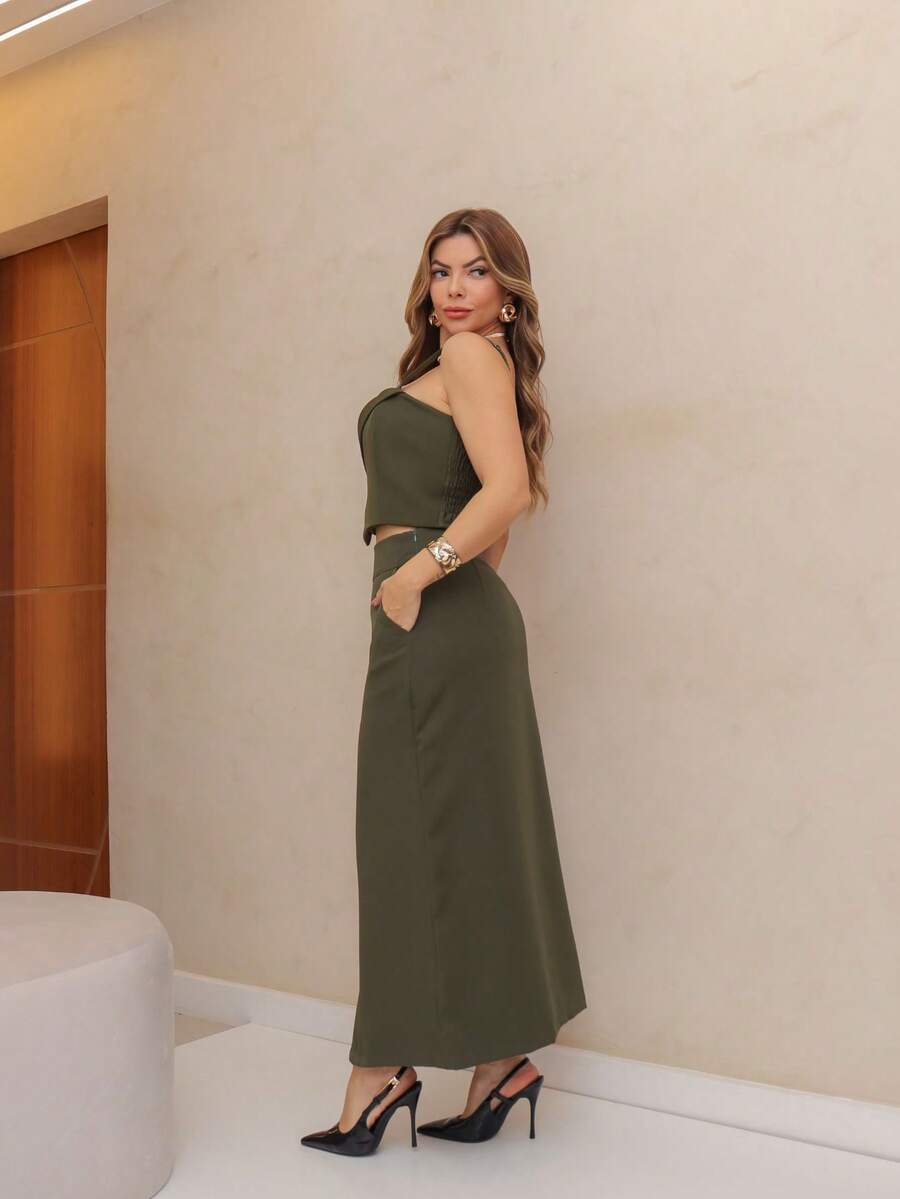 YING ZI Conjunto Social Alfaiataria Cropped Alça E Saia Midi Reta Fenda Na Barra