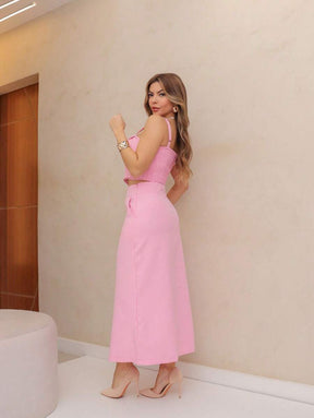 YING ZI Conjunto Social Alfaiataria Cropped Alça E Saia Midi Reta Fenda Na Barra