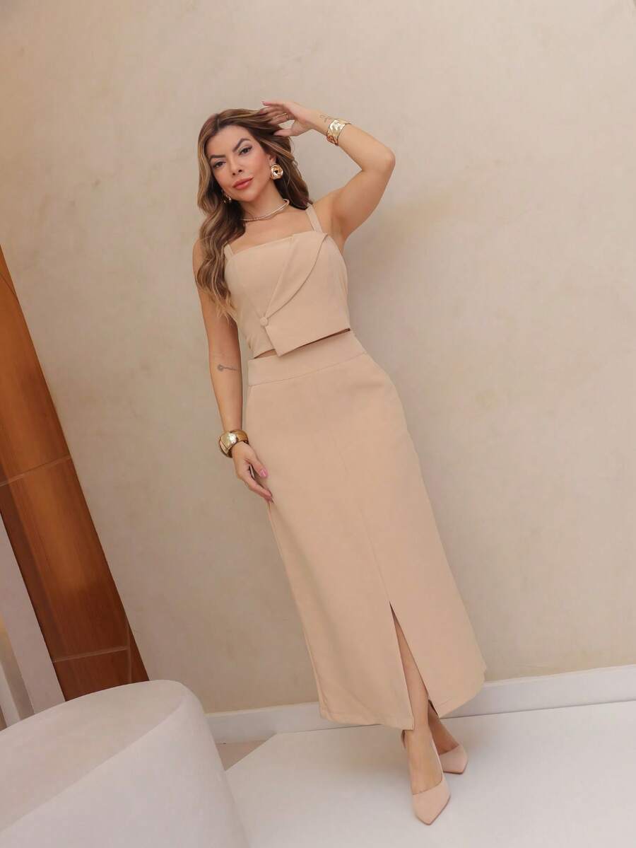 YING ZI Conjunto Social Alfaiataria Cropped Alça E Saia Midi Reta Fenda Na Barra