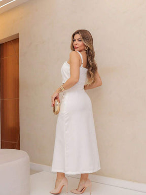 YING ZI Conjunto Social Alfaiataria Cropped Alça E Saia Midi Reta Fenda Na Barra