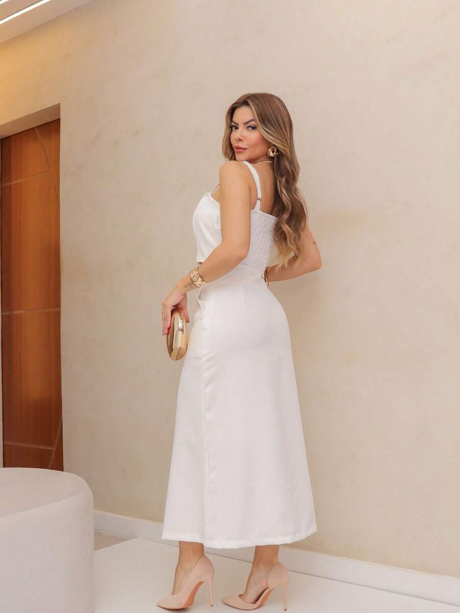 YING ZI Conjunto Social Alfaiataria Cropped Alça E Saia Midi Reta Fenda Na Barra