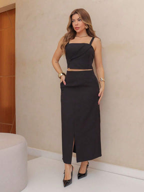 YING ZI Conjunto Social Alfaiataria Cropped Alça E Saia Midi Reta Fenda Na Barra