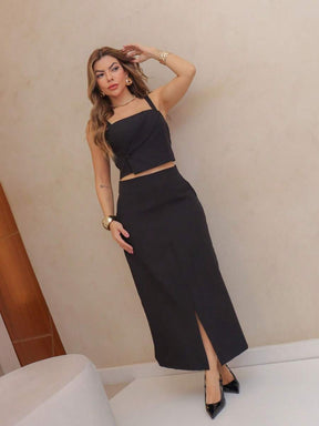 YING ZI Conjunto Social Alfaiataria Cropped Alça E Saia Midi Reta Fenda Na Barra