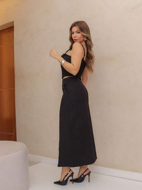 YING ZI Conjunto Social Alfaiataria Cropped Alça E Saia Midi Reta Fenda Na Barra