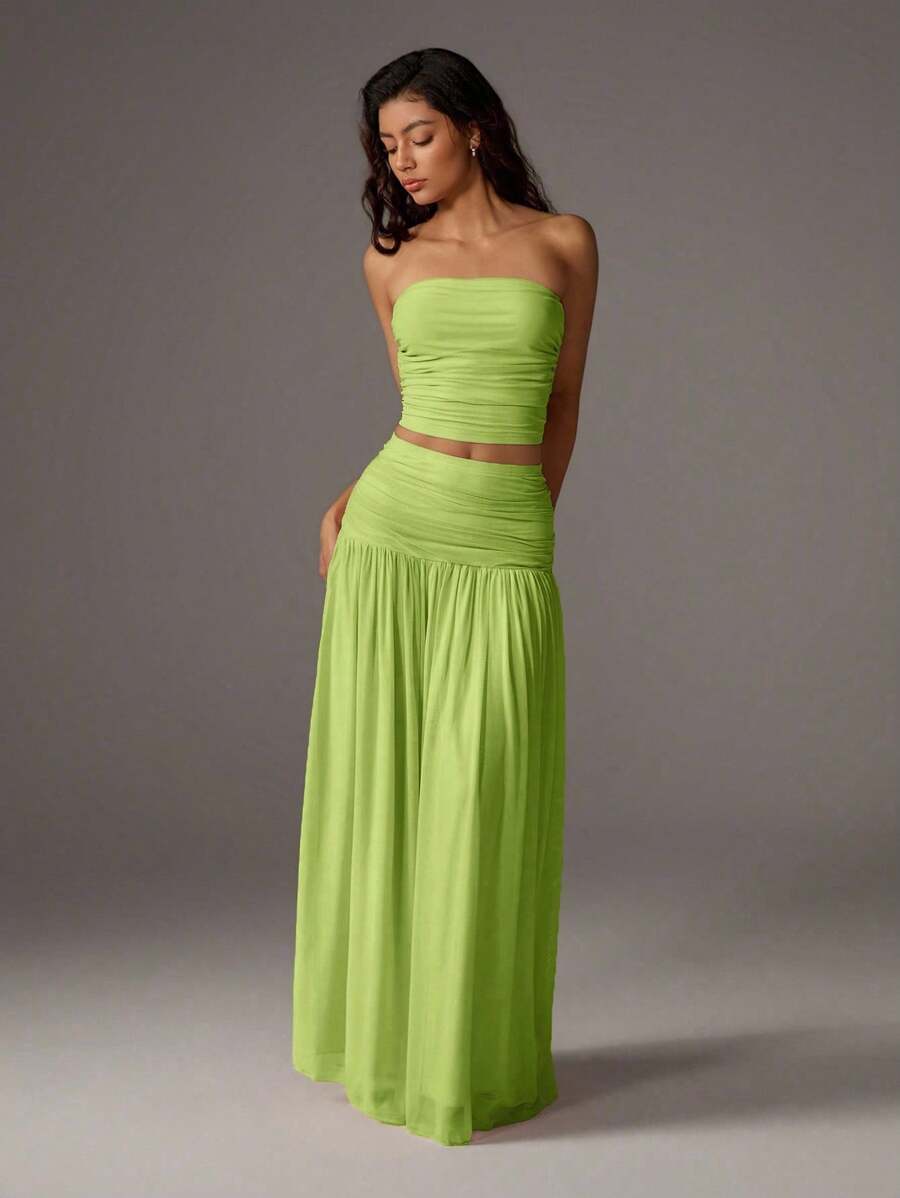 TRNVIE 2 peças Conjunto Feminino, Top Bandeau Rosa Romântico em Tela e Saia Plissada Longa em Tela de Cintura Alta, Conjunto de Férias Primavera/Verão