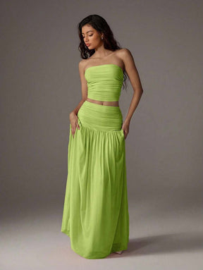 TRNVIE 2 peças Conjunto Feminino, Top Bandeau Rosa Romântico em Tela e Saia Plissada Longa em Tela de Cintura Alta, Conjunto de Férias Primavera/Verão