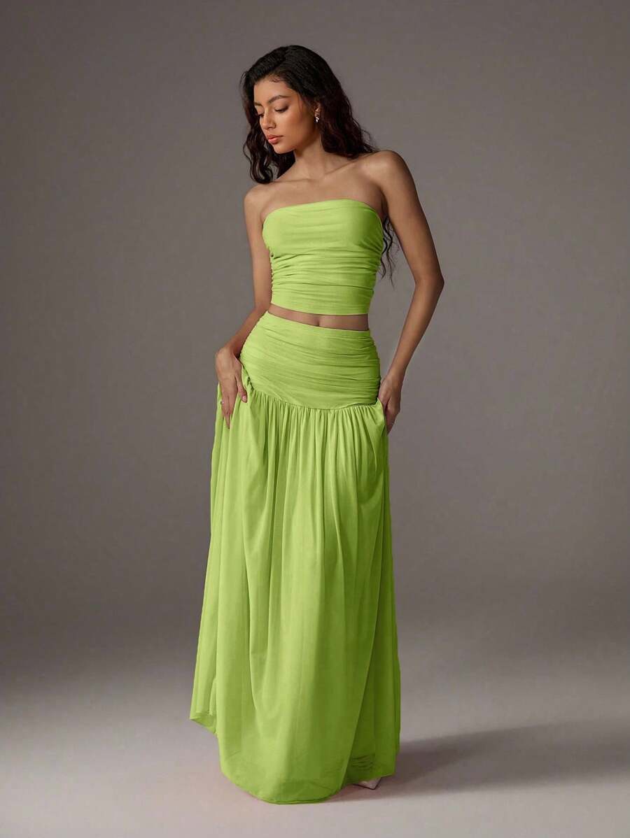 TRNVIE 2 peças Conjunto Feminino, Top Bandeau Rosa Romântico em Tela e Saia Plissada Longa em Tela de Cintura Alta, Conjunto de Férias Primavera/Verão