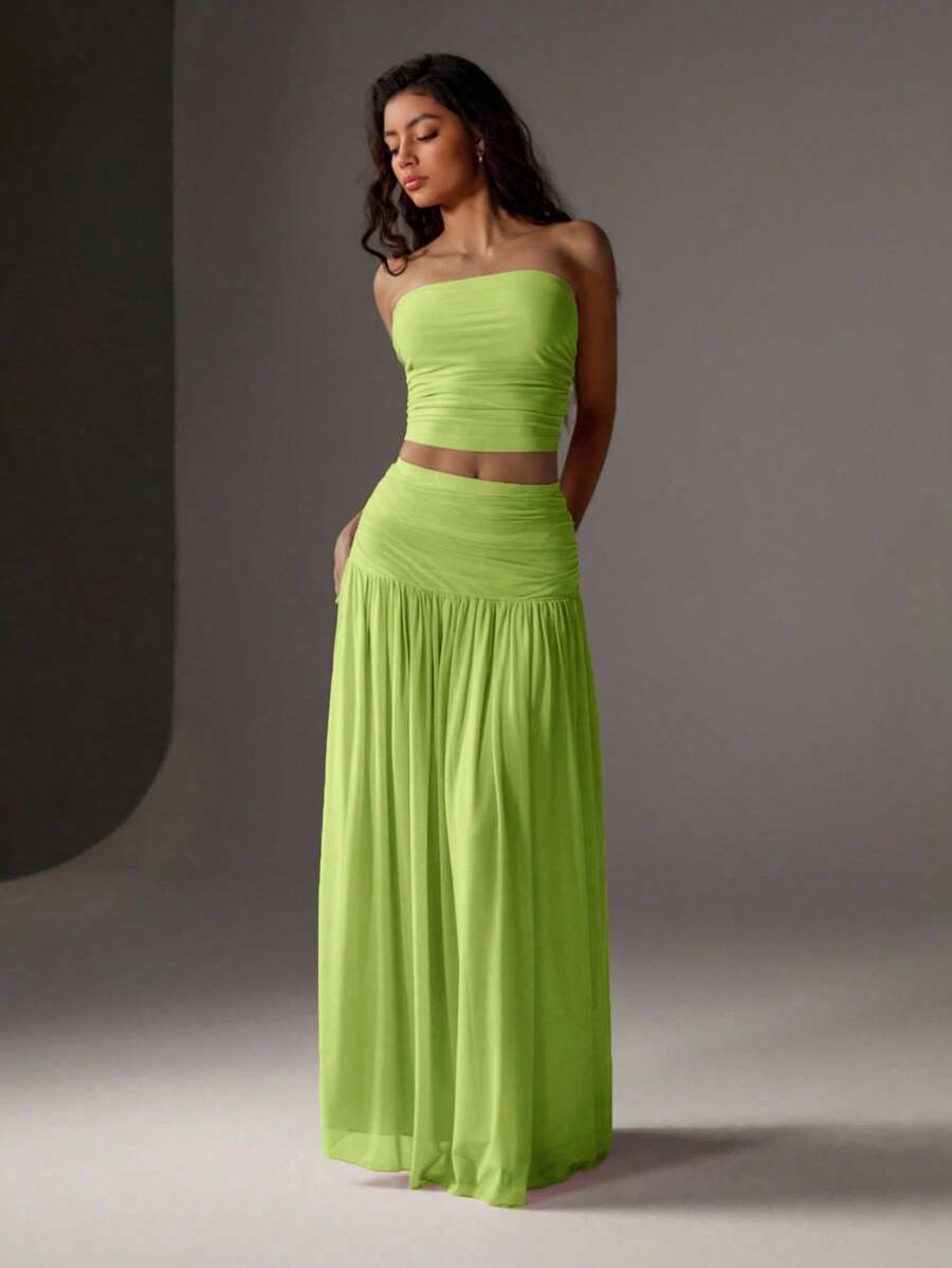 TRNVIE 2 peças Conjunto Feminino, Top Bandeau Rosa Romântico em Tela e Saia Plissada Longa em Tela de Cintura Alta, Conjunto de Férias Primavera/Verão