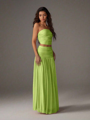 TRNVIE 2 peças Conjunto Feminino, Top Bandeau Rosa Romântico em Tela e Saia Plissada Longa em Tela de Cintura Alta, Conjunto de Férias Primavera/Verão