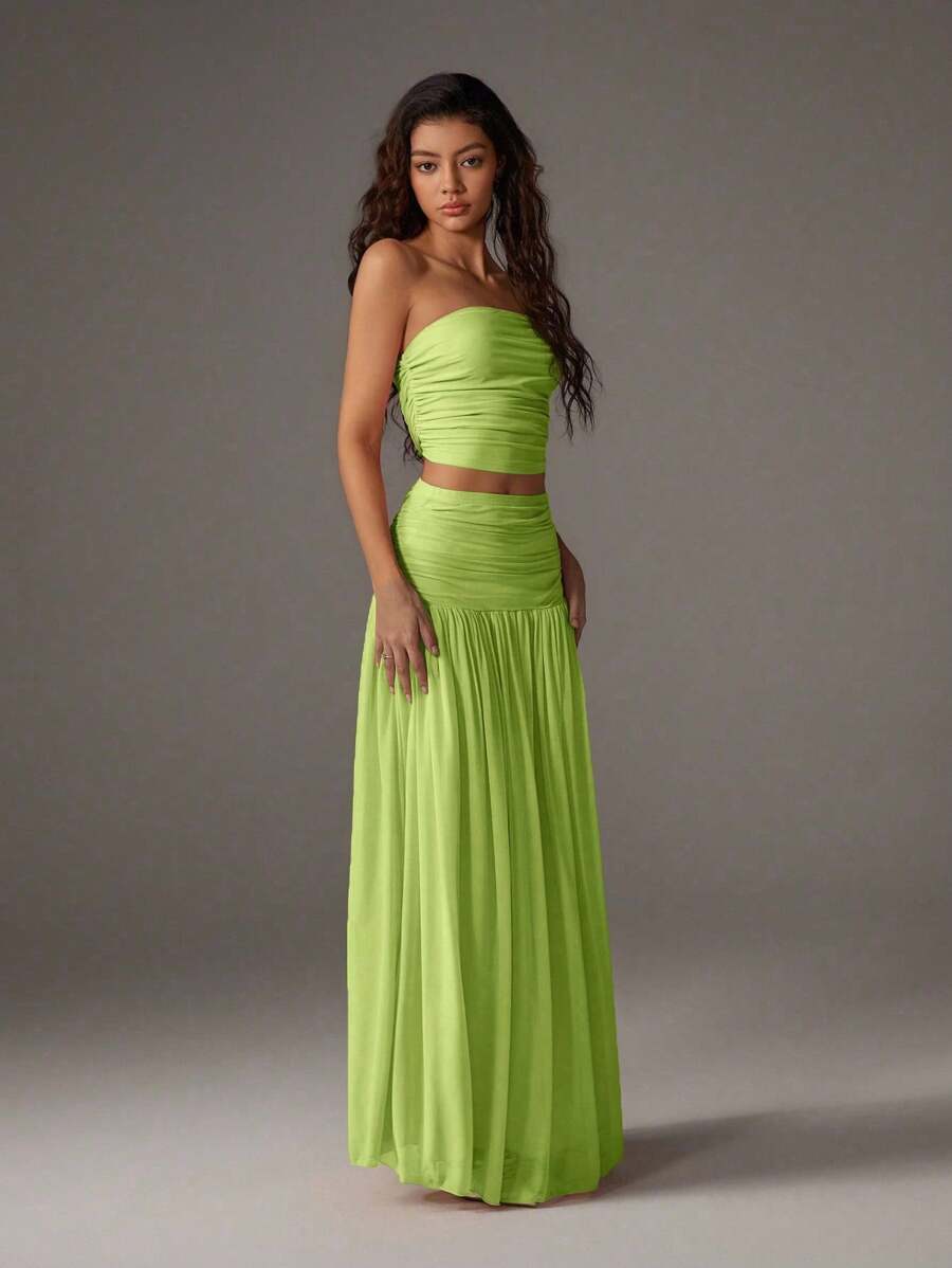 TRNVIE 2 peças Conjunto Feminino, Top Bandeau Rosa Romântico em Tela e Saia Plissada Longa em Tela de Cintura Alta, Conjunto de Férias Primavera/Verão