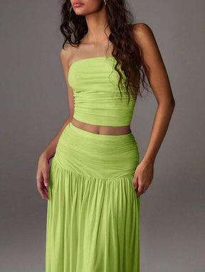TRNVIE 2 peças Conjunto Feminino, Top Bandeau Rosa Romântico em Tela e Saia Plissada Longa em Tela de Cintura Alta, Conjunto de Férias Primavera/Verão