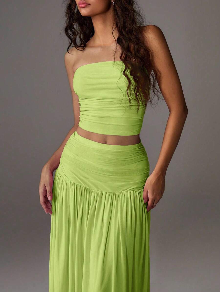TRNVIE 2 peças Conjunto Feminino, Top Bandeau Rosa Romântico em Tela e Saia Plissada Longa em Tela de Cintura Alta, Conjunto de Férias Primavera/Verão