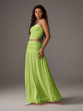 TRNVIE 2 peças Conjunto Feminino, Top Bandeau Rosa Romântico em Tela e Saia Plissada Longa em Tela de Cintura Alta, Conjunto de Férias Primavera/Verão
