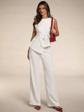 SJD MODA LADY conjunto fenda frontal com cinto luis twil top sem manga e calca larga elegante social morderno OL office chic