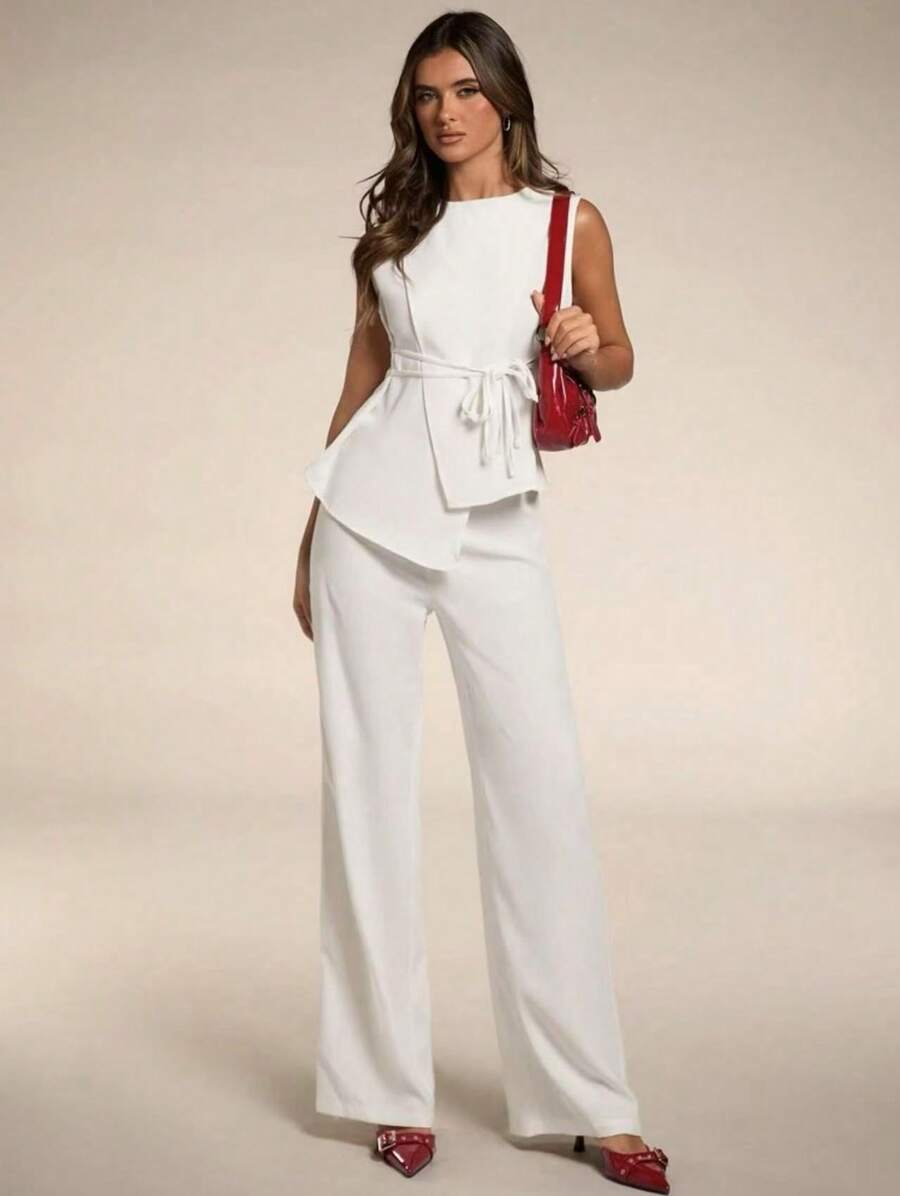 SJD MODA LADY conjunto fenda frontal com cinto luis twil top sem manga e calca larga elegante social morderno OL office chic
