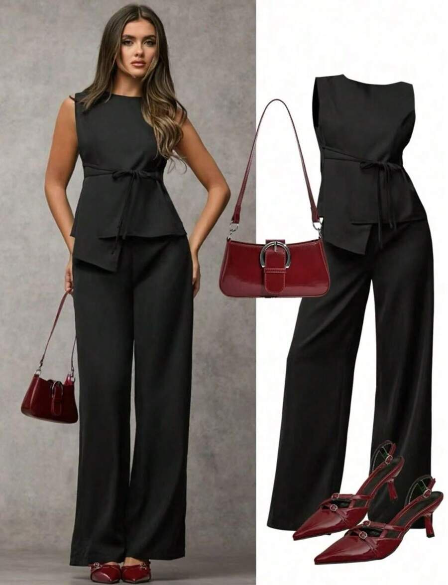 SJD MODA LADY conjunto fenda frontal com cinto luis twil top sem manga e calca larga elegante social morderno OL office chic