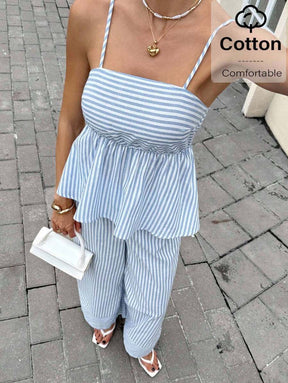Siren Gaze Conjunto 2 Peças Conjunto de Roupas Femininas Verão Listrado Azul e Branco Alças Vestido A-Line Alças Colete Costura Calça Pantalona Terno de 2 Peças 2 peças/Conjunto Top Regata Babado Barra e Shorts Feminino Listrado, Verão
