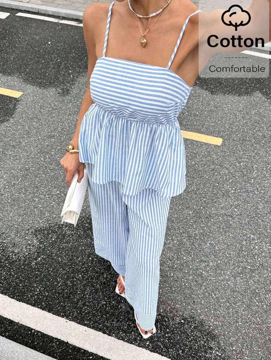 Siren Gaze Conjunto 2 Peças Conjunto de Roupas Femininas Verão Listrado Azul e Branco Alças Vestido A-Line Alças Colete Costura Calça Pantalona Terno de 2 Peças 2 peças/Conjunto Top Regata Babado Barra e Shorts Feminino Listrado, Verão