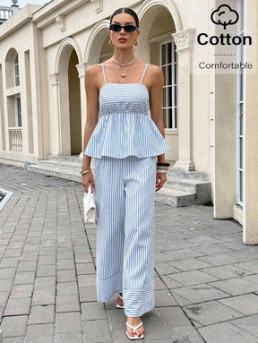 Siren Gaze Conjunto 2 Peças Conjunto de Roupas Femininas Verão Listrado Azul e Branco Alças Vestido A-Line Alças Colete Costura Calça Pantalona Terno de 2 Peças 2 peças/Conjunto Top Regata Babado Barra e Shorts Feminino Listrado, Verão