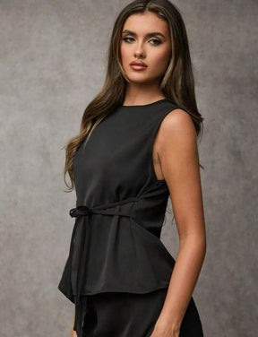 SJD MODA LADY conjunto fenda frontal com cinto luis twil top sem manga e calca larga elegante social morderno OL office chic
