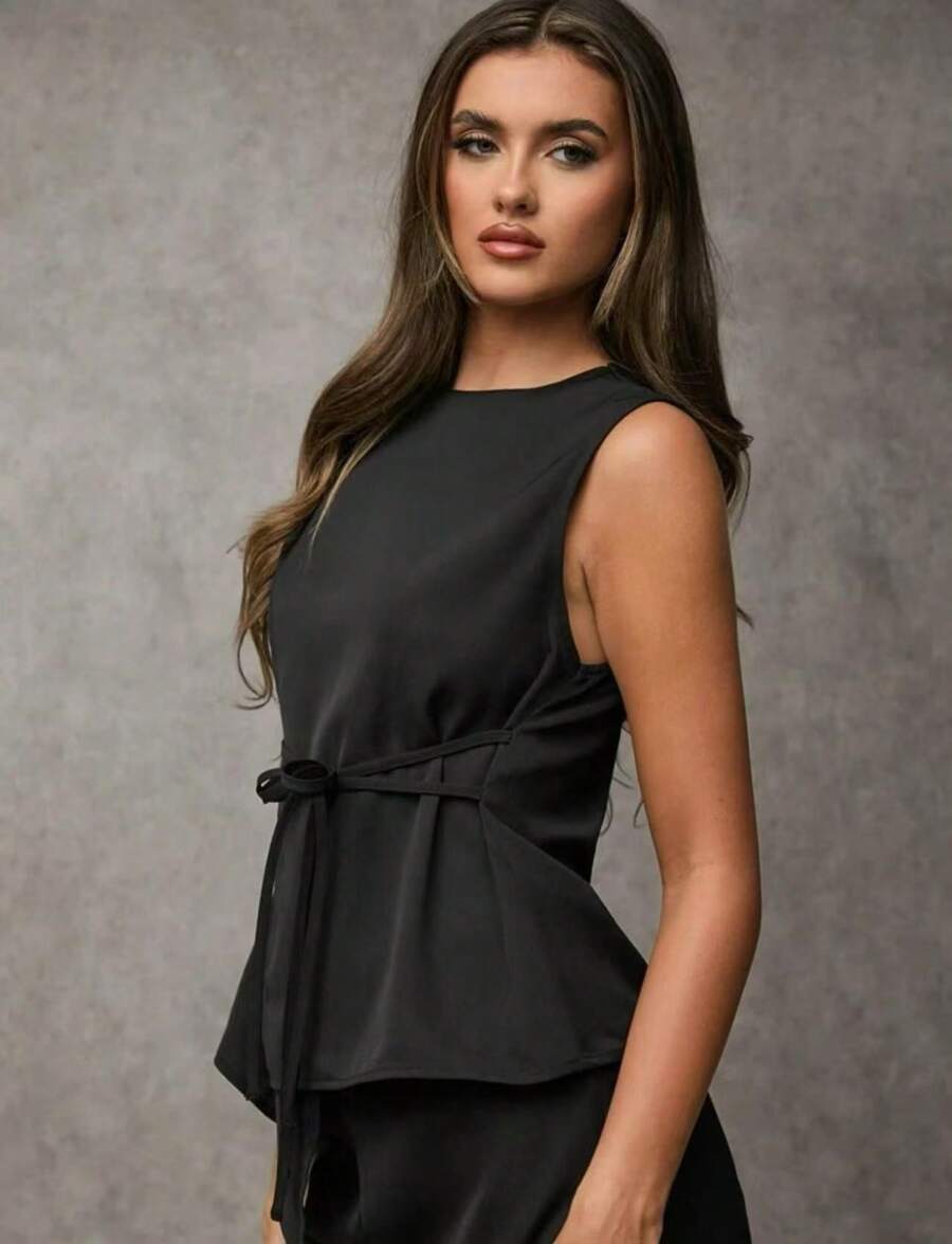 SJD MODA LADY conjunto fenda frontal com cinto luis twil top sem manga e calca larga elegante social morderno OL office chic