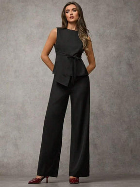 SJD MODA LADY conjunto fenda frontal com cinto luis twil top sem manga e calca larga elegante social morderno OL office chic