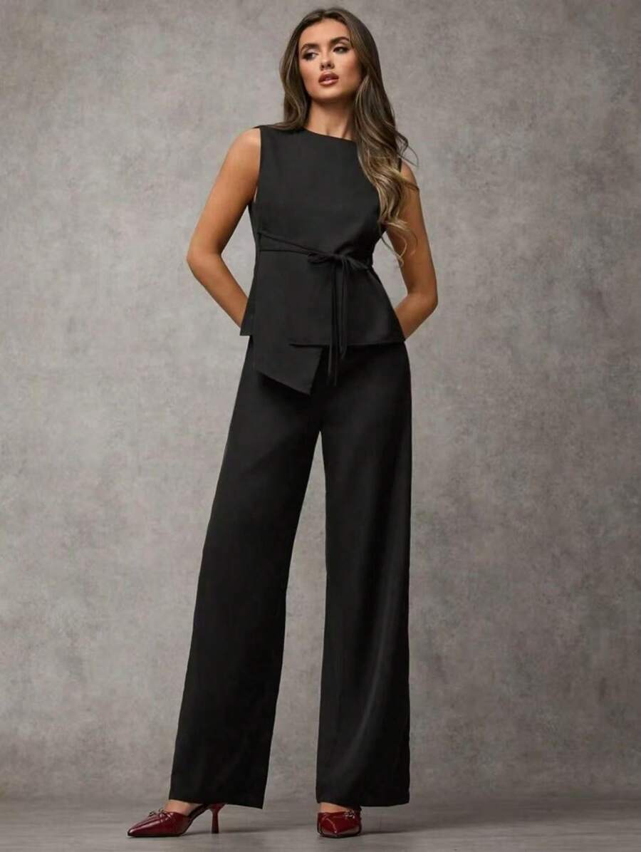 SJD MODA LADY conjunto fenda frontal com cinto luis twil top sem manga e calca larga elegante social morderno OL office chic