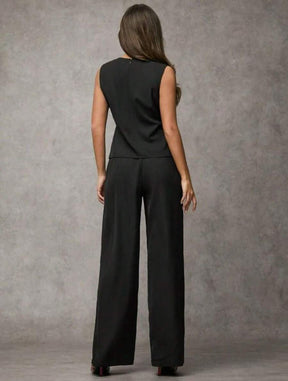 SJD MODA LADY conjunto fenda frontal com cinto luis twil top sem manga e calca larga elegante social morderno OL office chic