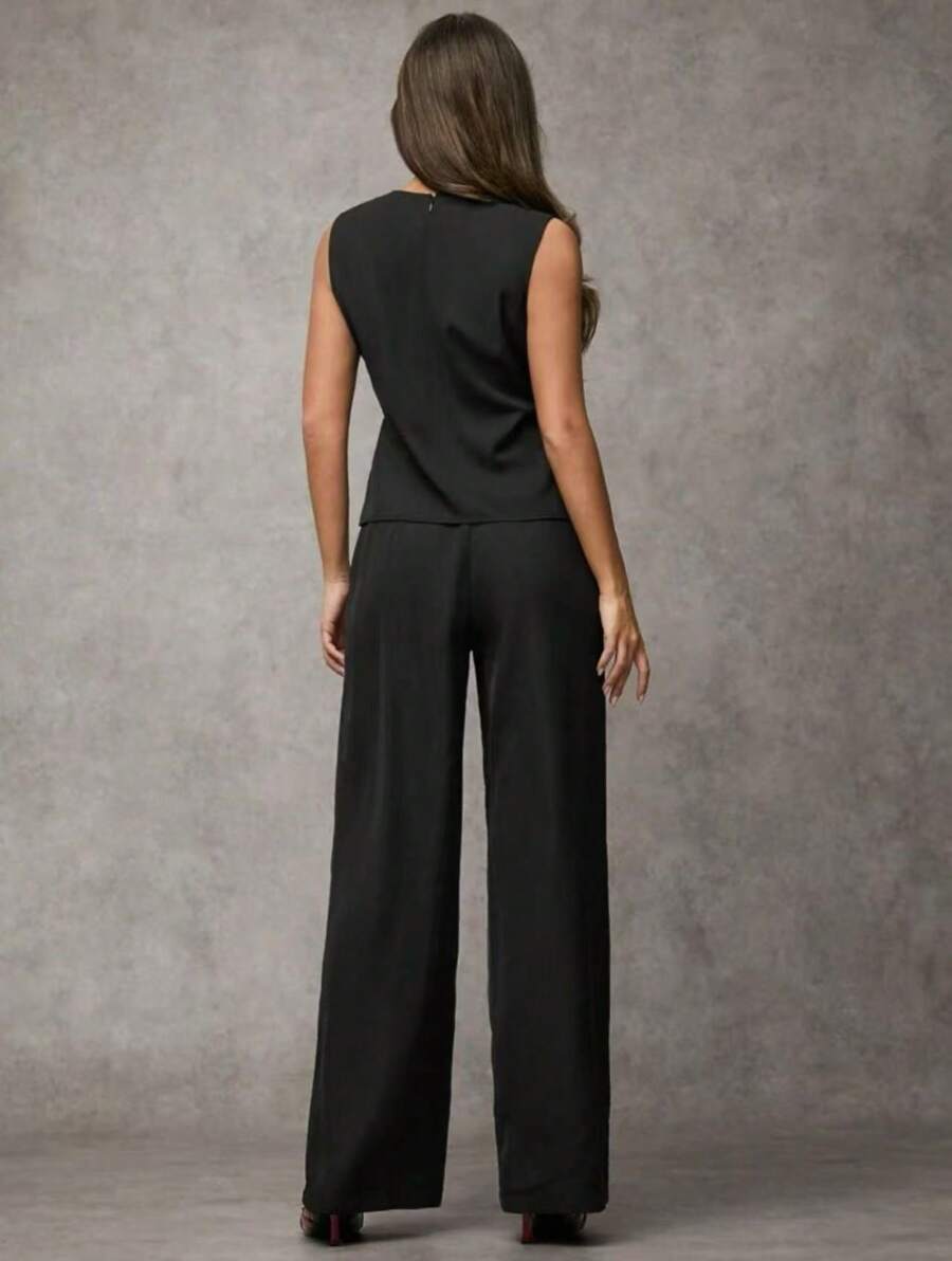 SJD MODA LADY conjunto fenda frontal com cinto luis twil top sem manga e calca larga elegante social morderno OL office chic